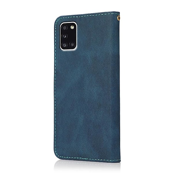 Til Samsung Galaxy A31 To-farvet Syet Læder Telefonetui Blue Green