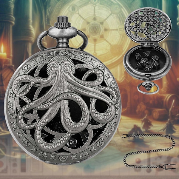 Mini DND Tärningssats Polyhedral Metalltärningar med Kedja Steampunk Växel Bläckfisk Fickur Tärningssats för Rollspel