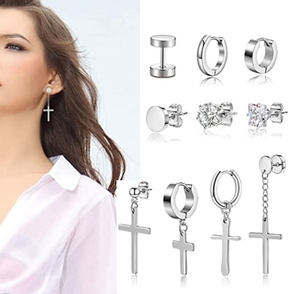 10 Set Cross Hängande Örhängen Lång Kedja Coola Titanstål Scharnierörhängen För Män Silver