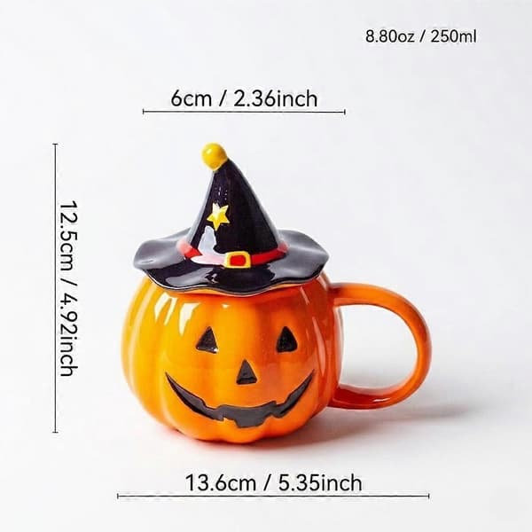 Græskarformet keramisk krus med heksehatlåg Halloween-tema drikkekop gave til venner (D)