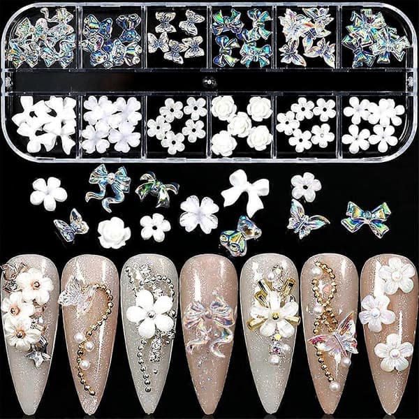 Negle Studs Til Neglekunst Neglekunst Charms til Sommerfugl Hvid Blomst 3D Neglekunst[D]