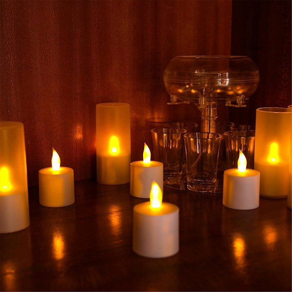 Flammeløse stearinlys med fjernkontroll, timer og ladestasjon, 12 stk USB-oppladbare batteridrevne LED-telys