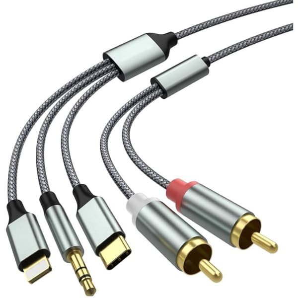 Lightning til RCA hjælpe-lydadapter, RCA til 3,5 mm, USB C til 2 RCA (3-i-1), 2,3 m Gris 0.223 kg