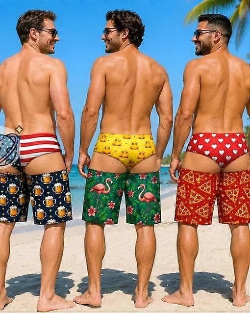 Roliga fejkade stringtrosor tryckta badbyxor för män, strandshorts sommarfest surfbadkläder (D) 1 M