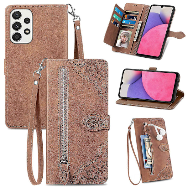 Fodral för Samsung Galaxy A33 5G Plånboksfodral med dragkedja Snodd Crossbody Halsrem -[D] Brown