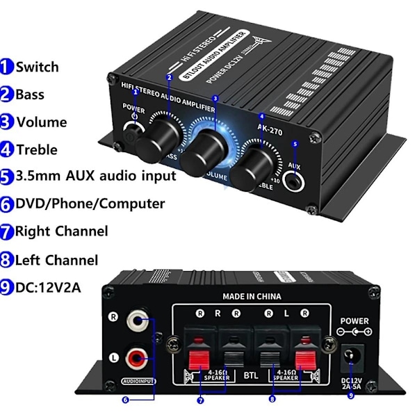 -270 HIFI-förstärkare 2.0-kanals Hemförstärkare Bas- & Diskantjustering Stereo Audio Hemmabio Ljudsystem DC12V EU-kontakt