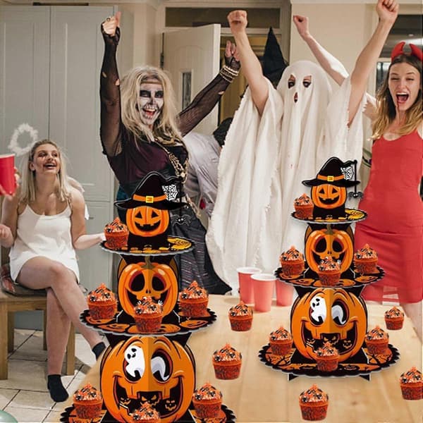 Multifunksjonell Halloween Gresskar Dessertstativ - Solid Papp Kake- og Makronutstillingsstativ for Skumle Fester, Heksetema-dekor (D)