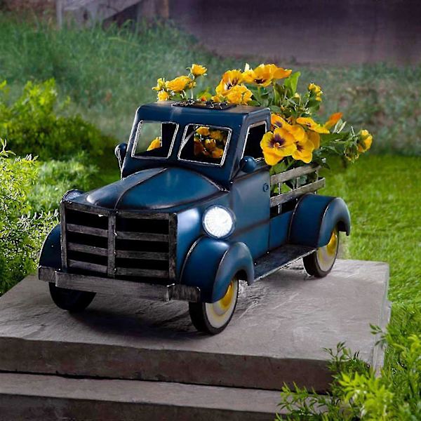 Retrotyylinen aurinkovoimalla toimiva lava-auto, luova kukkaruukku, käsintehty hartsikoriste LED-valolla puutarhaan [D] Beige