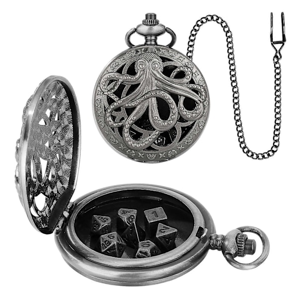 Mini DND Tärningssats Polyhedral Metalltärningar med Kedja Steampunk Växel Bläckfisk Fickur Tärningssats för Rollspel