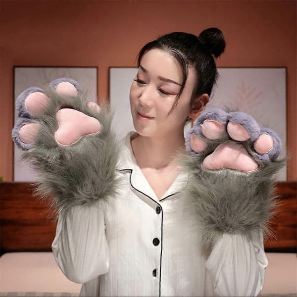 Søde kattepote vinterhandsker til kvinder til cosplay, varme håndvarmere med poteaftryksdesign til kvinder[D] Gray 1pair
