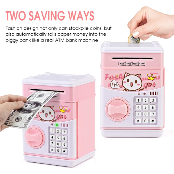 Elektronisk kattspargris för barn Cash Cartoon Bankomat Pengar sparar bank för barn med lösenord och musik Fantastisk presentleksak (rosa)
