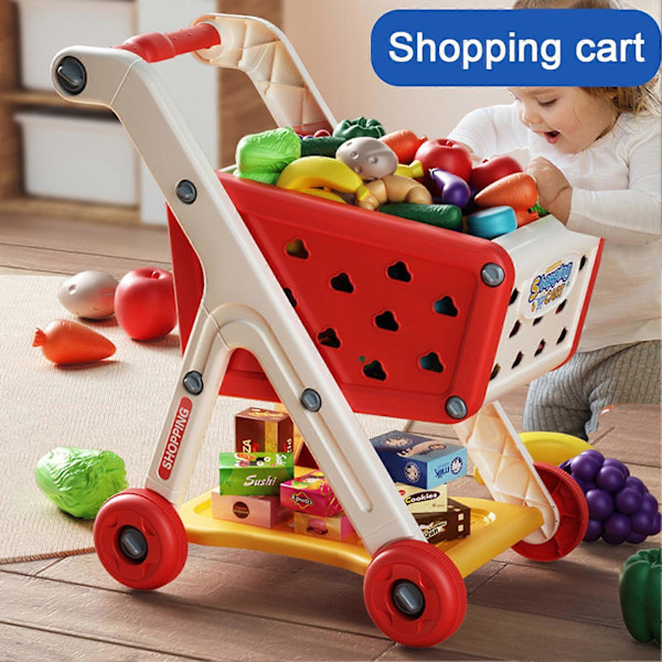 Barnvagn Leksak med 25 Frukt Grönsaker Mattillbehör Rollspel Mini Shopping Trolley Föreställ dig Lek Matvaruaffär Vagn Leksak Pojkar Flickor G