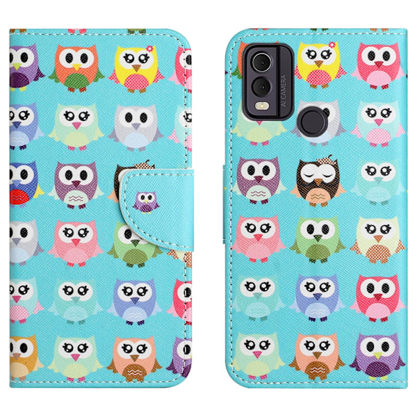 Plånboksfodral i läder för Nokia C32/C22, Korstexturerat mönstertryck på telefonfodral Owls