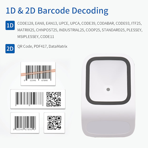 1D 2D QR-streckkodsläsare för skrivbord Händerfri USB-trådbunden streckkodsläsare Plug&Play Kompatibel med Windows Android-system Stor skanning