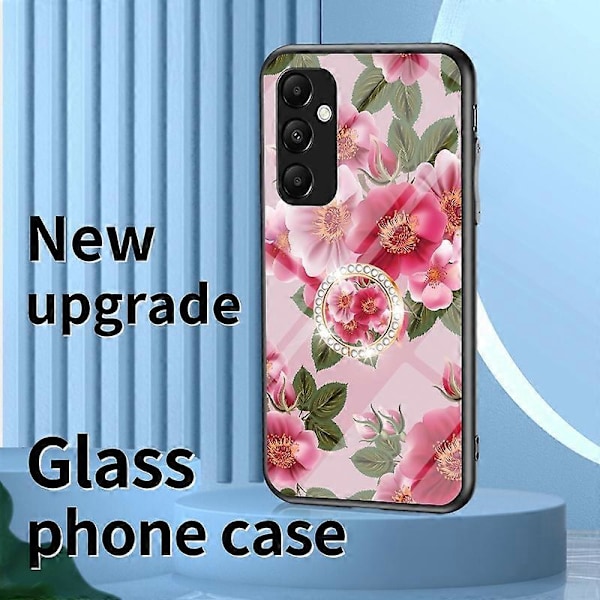För Samsung Galaxy A35 5G Härdat Glas Skal Ring Ställ Mobilskal [D] Multicolor Chinese Rose