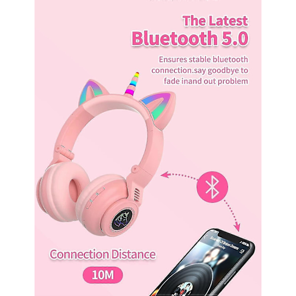 Unicorn Hodetelefoner Trådløse, Småbarns Bluetooth Hodetelefoner for Jenter Gutter Bærbar PC-nettbrett, LED Lys Opp Barn Hodetelefon for Bursdag Gave til Barn