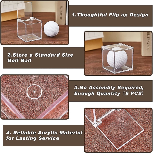 9-delad golfbolldisplayfodral i akryl, enskild golfbollskub, genomskinligt golfbollshölje för ibles, 2 x 2 x 2 tum, förbättrad förpackning