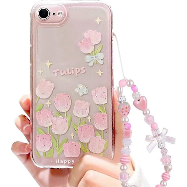 Yhteensopiva iPhone 7 -kotelon, iPhone 8 -kotelon, iPhone SE 2020/SE 2022 -kotelon kanssa, kukka- ja tulppaanikuvio, söpö rusetti, mansikkahelminauha, ohut Sof[D] iPhone 7 8 SE 2020 SE