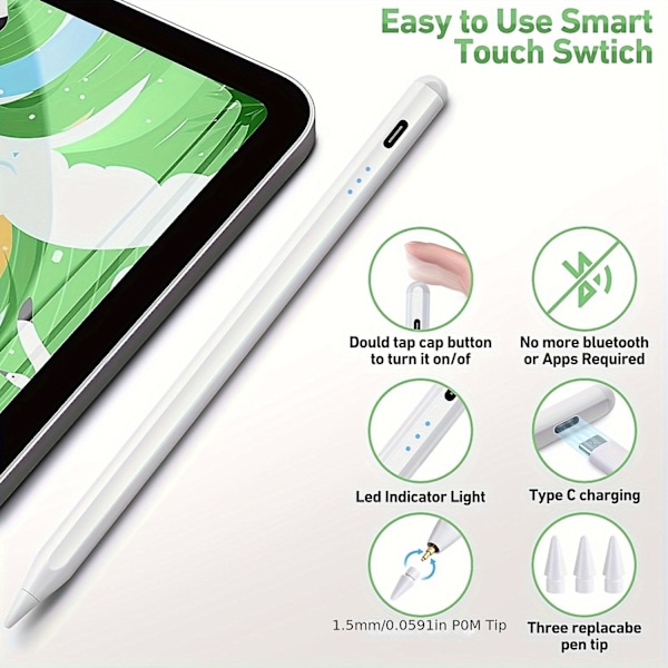 Styluspenn for iPad 2018-2023, Magnetisk iPad-penn, Apple Pencil, Helningsensor & Palm Rejection, Kompatibel med iPad 6-10, iPad Mini 5/6, iPad Air 3-5,