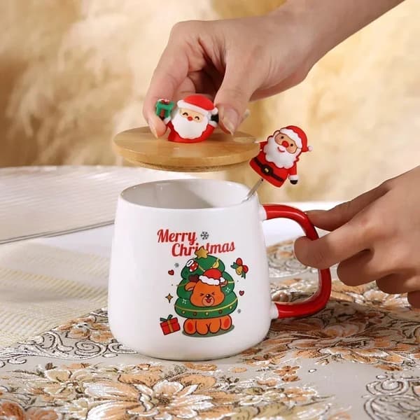 Mugg Presentförpackning Keramisk Mugg Julklapp Keramisk Mugg med Lock med Sked Set Kopp Kaffekopp Jul Dropshipping(D) 4 400ML