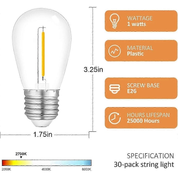 30-pak Udendørs Snorlys Pærer, Vandafvisende S14 Udskiftningspære, E26 Sockel Varmt Hvid