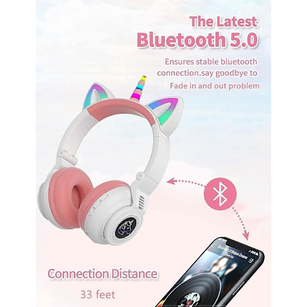Unicorn Hodetelefoner Trådløse, Småbarns Bluetooth Hodetelefoner for Jenter Gutter Bærbar PC-nettbrett, LED Lys Opp Barn Hodetelefon for Bursdag Gave til Barn