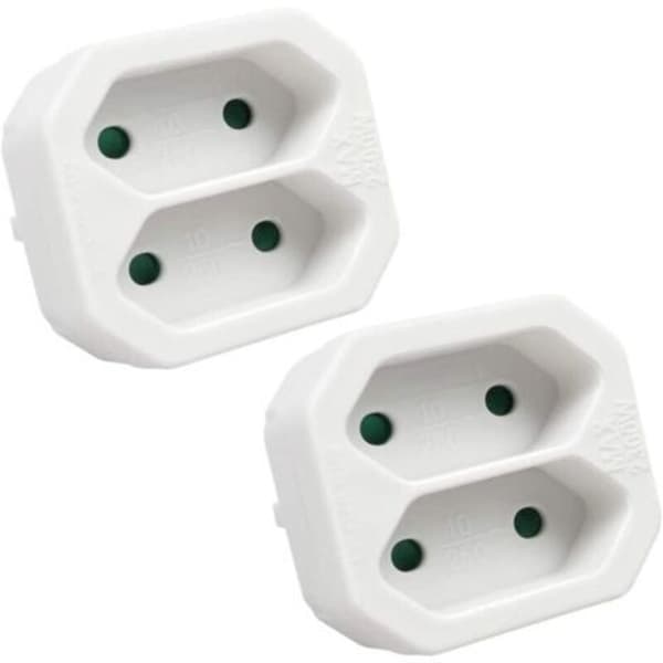 2-i-1 flat adapter med 2 Schuko-uttak, 2 utganger, lastekapasitet opptil 2300 W, 10 A, 250 V, hvit, 2 stk（D）