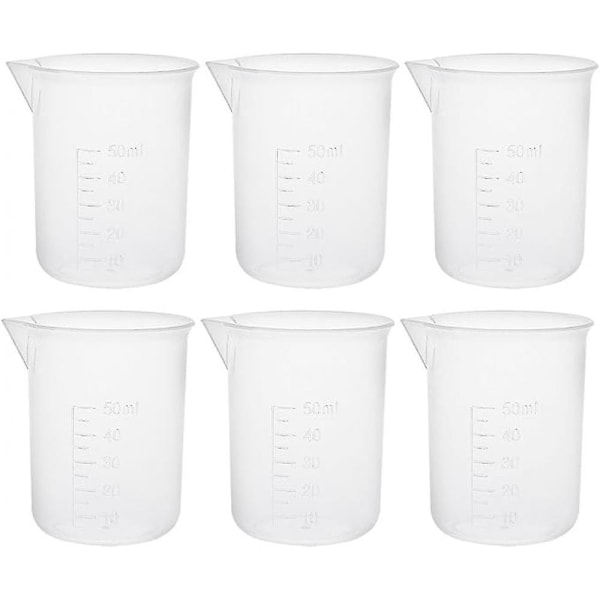 Målebeger 50ml PP Plast Gradert Beger Transparent For Lab Kjøkken Væske 6stk