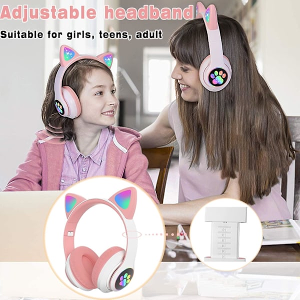 Zk Kids Høretelefoner med Mic, Trådløse Bluetooth Høretelefoner med LED Katteører, Foldbare Børnehøretelefoner til Skole/Tablet/Telefon/PC/TV, Pink/Hvid