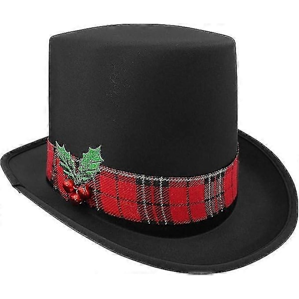 Snemand Tophat med Ternet Bånd, Mistelten og Bær - Julens Grimme Trøje Fest Hatte - Julemandskostume Tophat - Træpynt