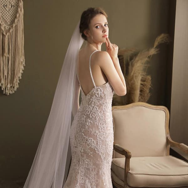 Vit Dubbellagers Center Cascade Brudslöja med Kam Drop Veil[D] White 2