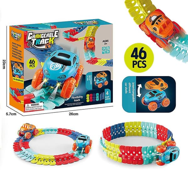Utskiftbar bane med LED-lysende racerbil, fleksibel montert bane, bursdagsgave til barn, gutter, jenter [D] 46pcs