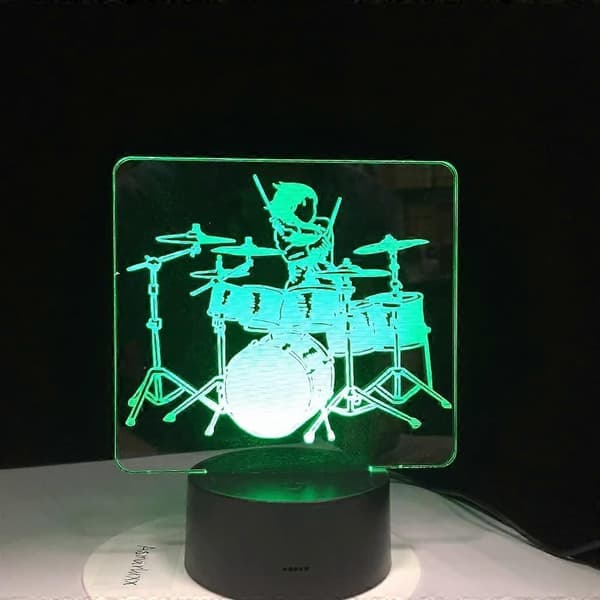 Trommesæt 3D LED Lampe Optisk Illusion Natlampe 7 Farveskiftende Touch Bordlamper Akryl Flad & Abs Base & USB Ledning[D]