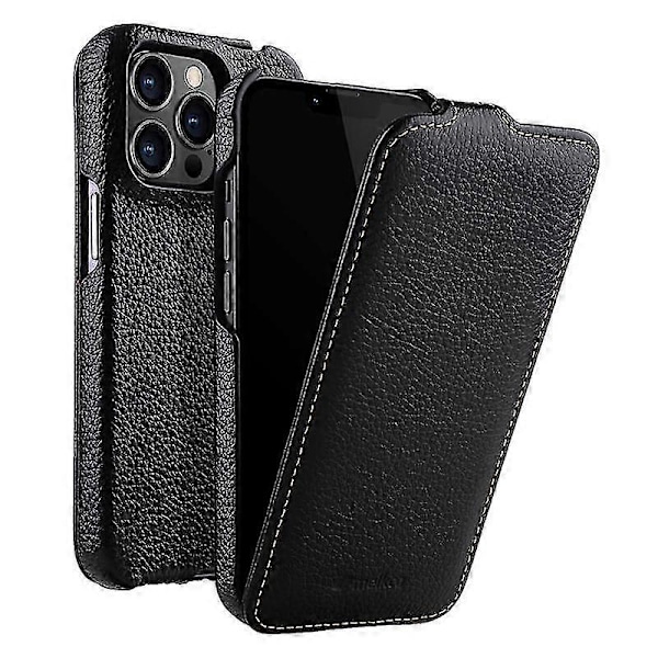 MELKCO Fodral för iPhone 14 Pro med Litchi-struktur, äkta ko-läder + PC, vertikalt flippfodral Black iPhone 14 Pro