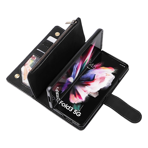 Fodral för Samsung Galaxy Z FOLD 3 5G Läder Magnetisk Handväska Dragkedja Fickficka Armband Kompatibel med Samsung Galaxy Z FOLD 3 5G Fodral
