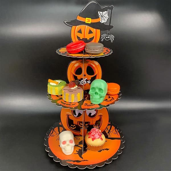 Multifunksjonell Halloween Gresskar Dessertstativ - Solid Papp Kake- og Makronutstillingsstativ for Skumle Fester, Heksetema-dekor (D)