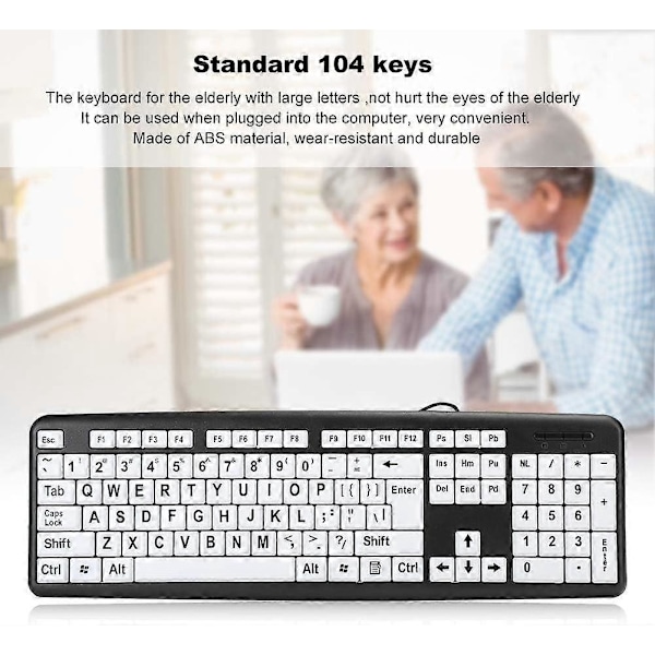 Tangentbord för äldre, 104 tangenter, stort tangentbord med stora bokstäver, USB-trådbundet tangentbord för äldre med vita överdimensionerade tryckta tangenter för seniorer och de med nedsatt syn black