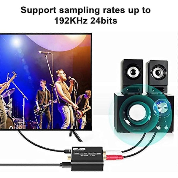 Digital till Analog Ljudkonverterare 192KHz DAC, Optisk & Koaxial till Analog Stereo L/R RCA +3.2Ft Optisk Black