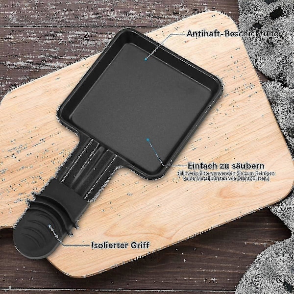 4 stk. Raclette-skåle til grill og 4 stk. Raclette-spatel i træ Polon Raclette Grill Non-stick belægning i støbejern Mini tallerken med isoleret håndtag