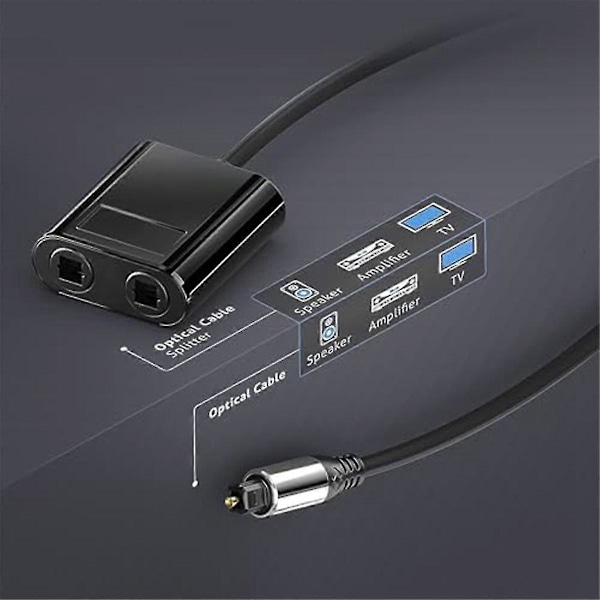 2 Ports Toslink Splitter, Optisk Fiber Lydsplitter 1 ind 2 ud Støtter LPcm2.0, Digital, DTS 5.1 fo Black