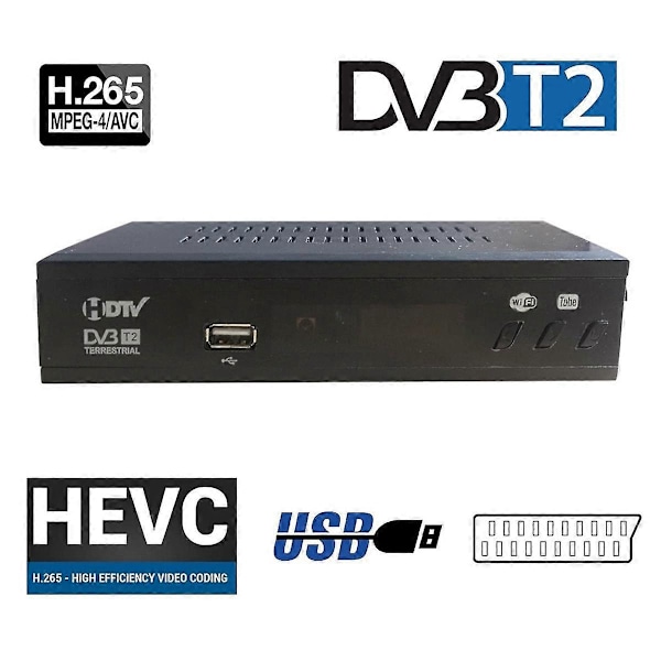 DVB T2 HEVC 265 Digital TV-tuner DVB-T2 265 1080P HD Dekoder USB Antenne TV-mottaker EPG Set Top Box, EU-kontakt Black