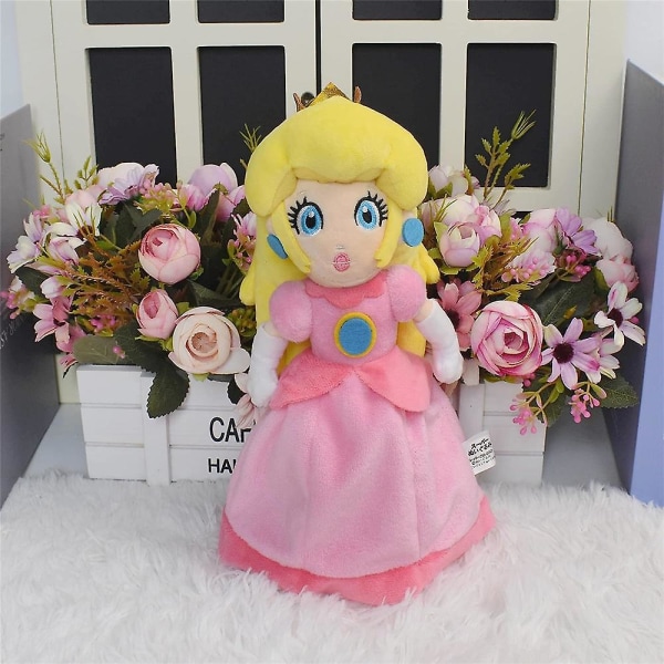 Princess Peach Super Mario Plyschleksak med röda skor, rosa kjol, gult hår och krona, gosedjurssamling, dekoration, present [kk]