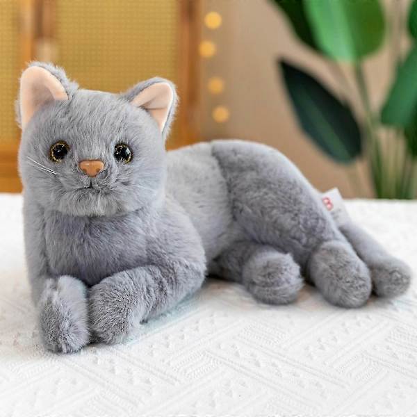 SSRGV 12 tum imitation ren grå katt plyschleksak - en verklighetstrogen kattdocka, en kattunge bondgårdsdjur stoppad leksak, en svartögd födelsedagspresent till barn