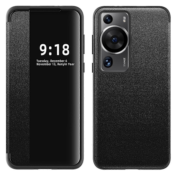 Anti-Fall Telefonskal för Huawei P60 Pro Fönsterfönster Flip Cover PU Läder TPU Akryl Telefonskydd Black