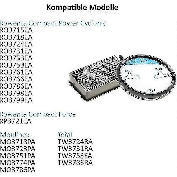 2x Hepa-imurisuodatinsarja Rowenta Compact Power Cyclonic -imureille, kuten Ro3731ea, Ro3724ea, Ro3753ea, Ro3786ea, Ro3[D]