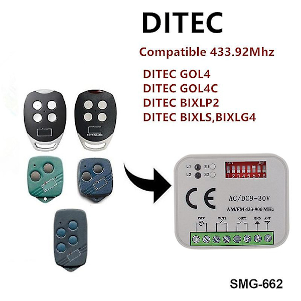 DITEC Mottagare GOL4C BIXLS2 BIXLP2 GOL4 BIXLG4 Fjärrkontroll Reläbrytare Grind Dörröppnare 2 Kanaler 9-30v AC DC Styrenhet