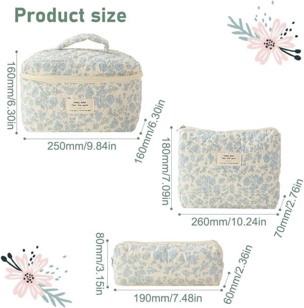 Stora quiltade sminkväskor, 3-pack, estetiska blommiga necessärer med bomullsfoder[D]