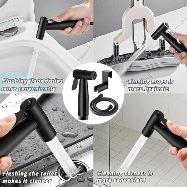 Bidet-sæt i rustfrit stål, G1/2 håndbruser, justerbart tryk, med 40-tommer eksplosionssikker slange (sort) (D)