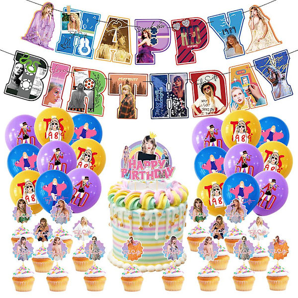 Taylor Swift-tema bursdagsfestutstyr inkluderer bannerballonger sett kake cupcakes topper dekorasjonsett