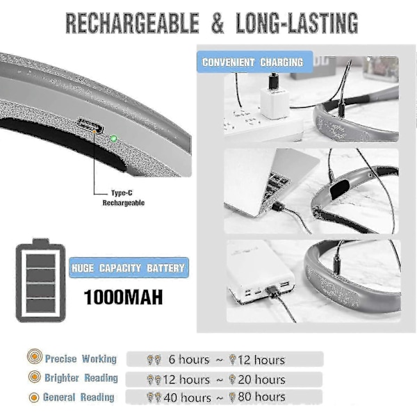 Glocusent Laddningsbar Halsläslampa, Lampa För Läsning I Sängen, 3 Färger, 6 Ljusstyrkenivåer, Vikbara Armar, Lång Livslängd, Perfekt För Läsning
